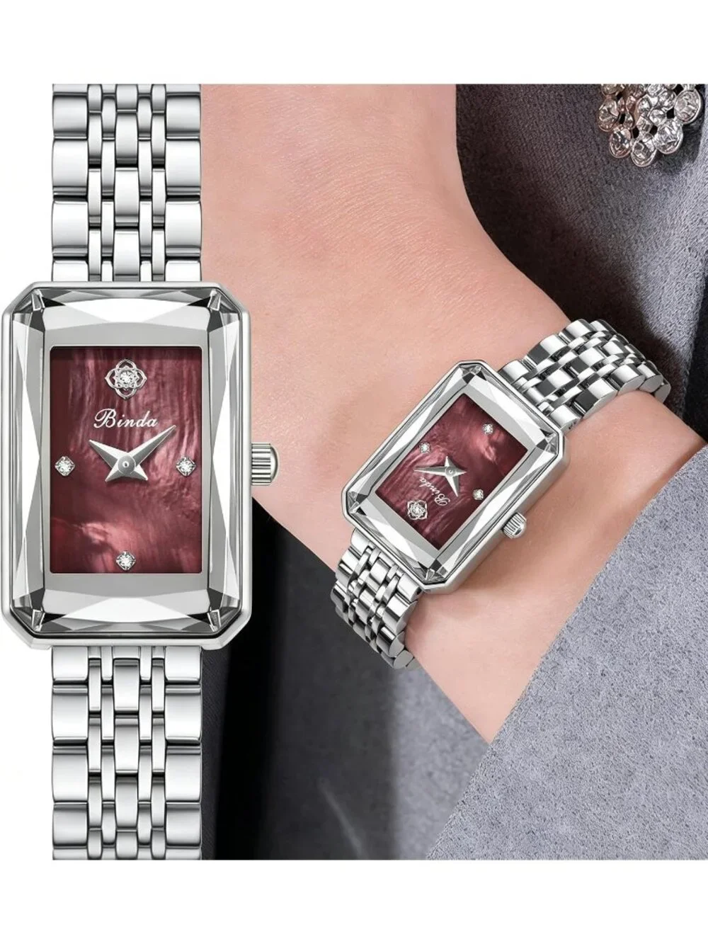 Women's Silver Burgundy Vintage Rectangular Case Stainless Steel Band Wristwatch